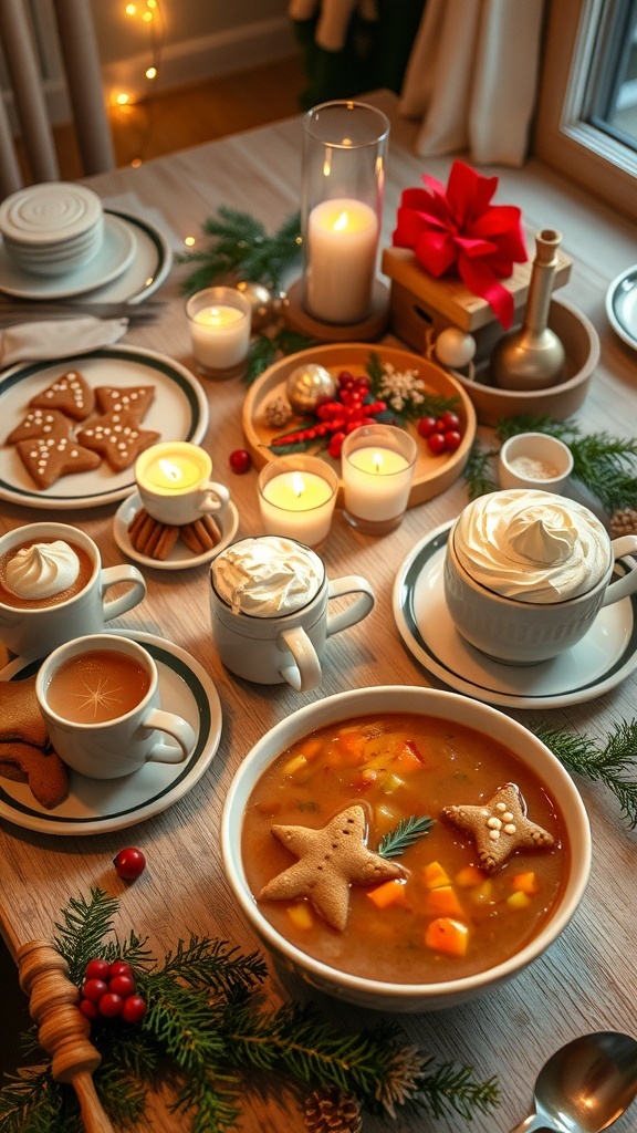 Christmas Aesthetic Winter Recipe Collection A festive Christmas table with gingerbread cookies, hot chocolate, and winter soup, decorated with holiday lights.